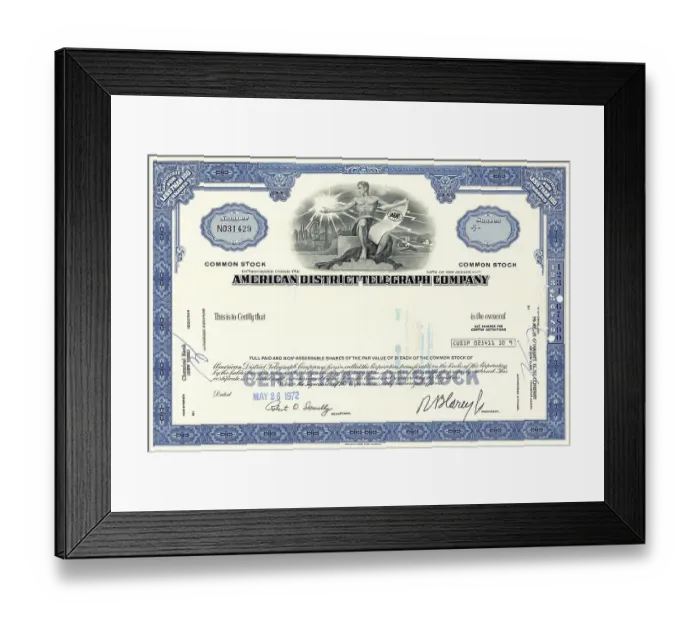 Framed Print : Historic share certificate, American District Telegraph Company