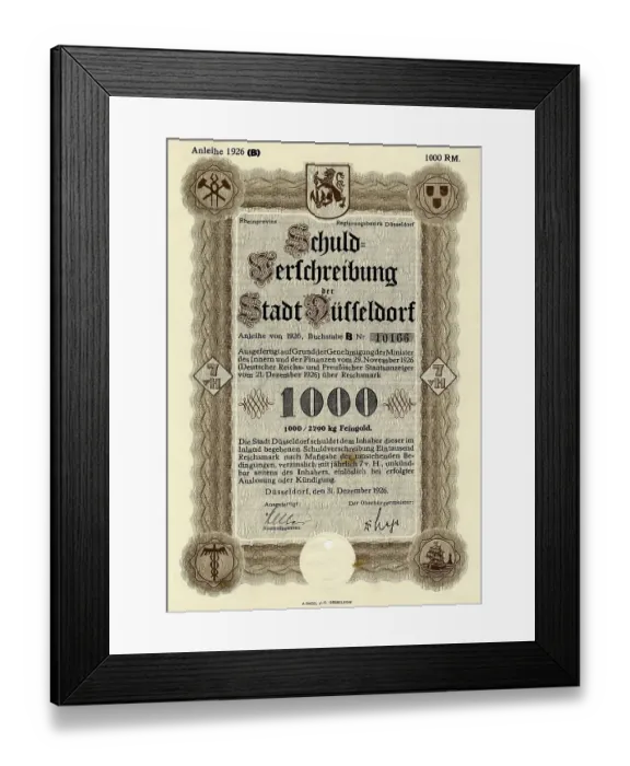 Framed Print : Historic stock certificate, debenture bond of the city of Duesseldorf Framed Print : Historic stock certificate, debenture bond of the city of Duesseldorf