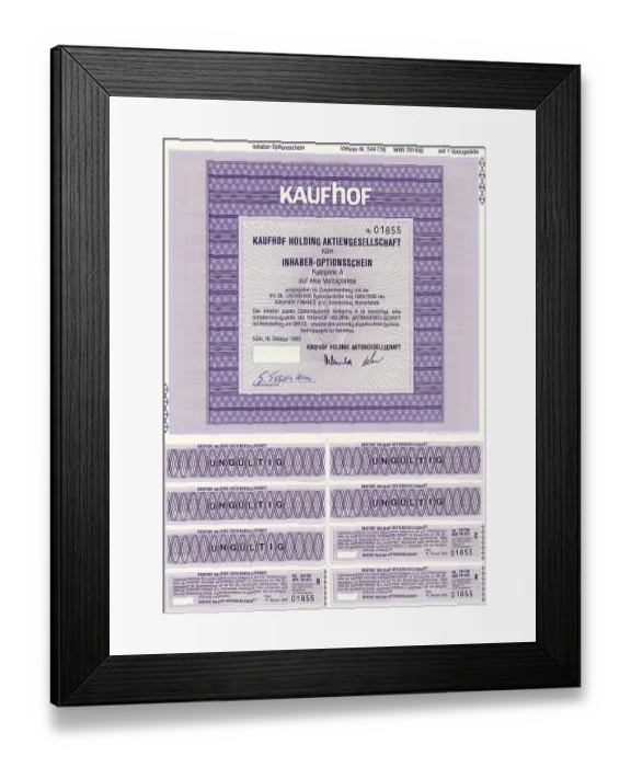 Framed Print : Historic security, warrant, Kaufhof Holding AG