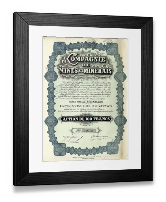 Framed Print : Historic stock certificate, share