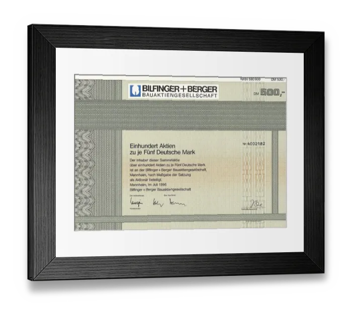 Framed Print : Historic stock certificate, 100 shares of 5 Deutschmarks Framed Print : Historic stock certificate, 100 shares of 5 Deutschmarks