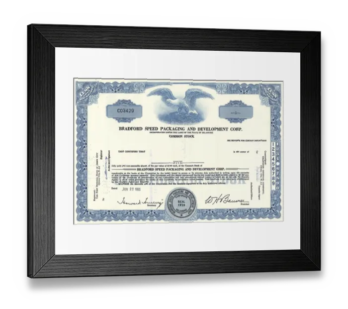 Framed Print : Historical stock certificate of Bradford Speed Packaging and Development Corporation Framed Print : Historical stock certificate of Bradford Speed Packaging and Development Corporation