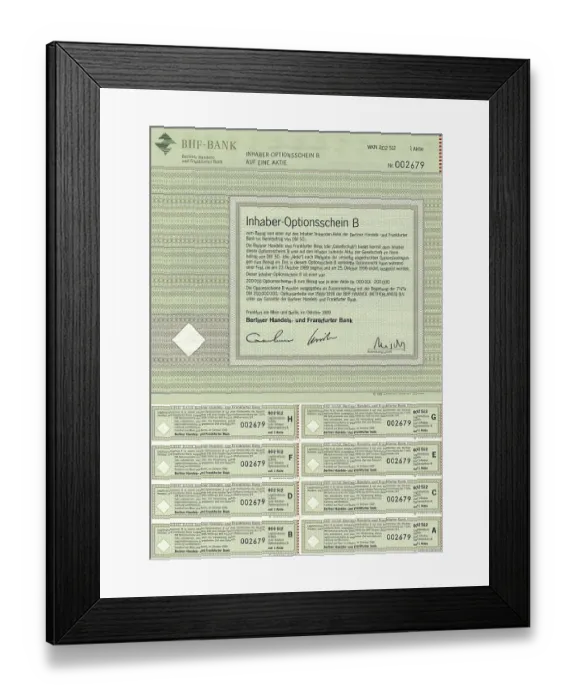 Framed Print : Securities certificate, bearer warrant for 1 share Framed Print : Securities certificate, bearer warrant for 1 share