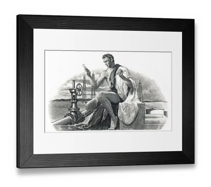 Framed Print : Detail of the illustration in the vignette of a historical stock certificate of an oil and gas company Framed Print : Detail of the illustration in the vignette of a historical stock certificate of an oil and gas company