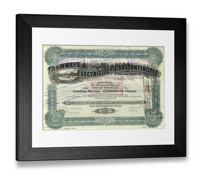 Framed Print : Historic stock certificate, image of a tram Framed Print : Historic stock certificate, image of a tram