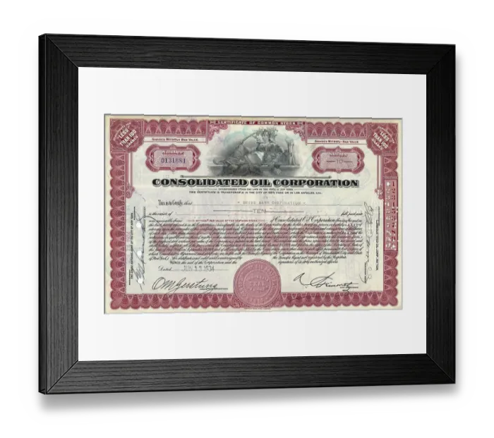 Framed Print : Historical stock certificate, oil company