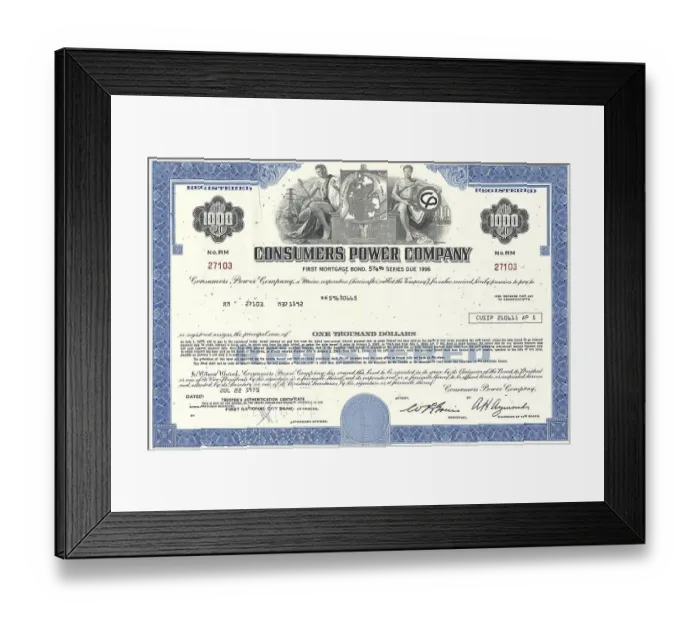 Framed Print : Historical stock certificate, Consumers Power Company