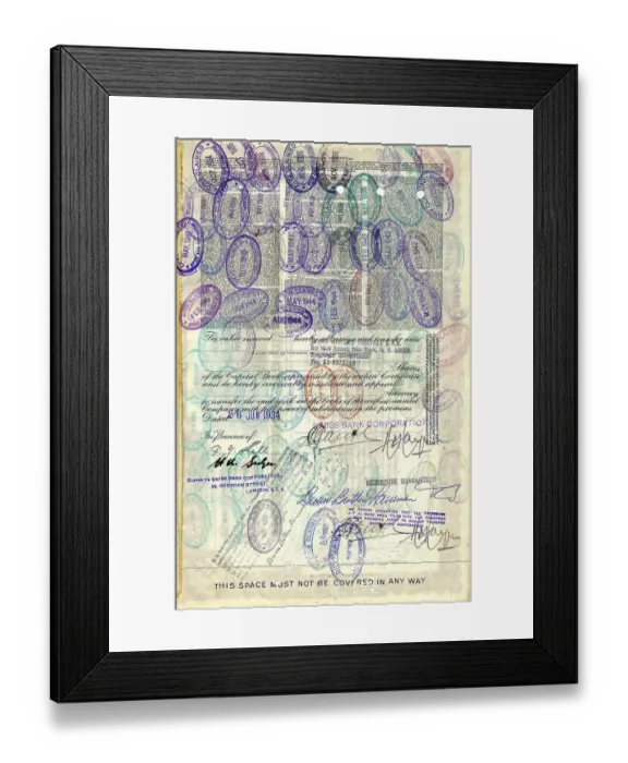 Framed Print : Historical stock certificate, back side with many stamps Framed Print : Historical stock certificate, back side with many stamps