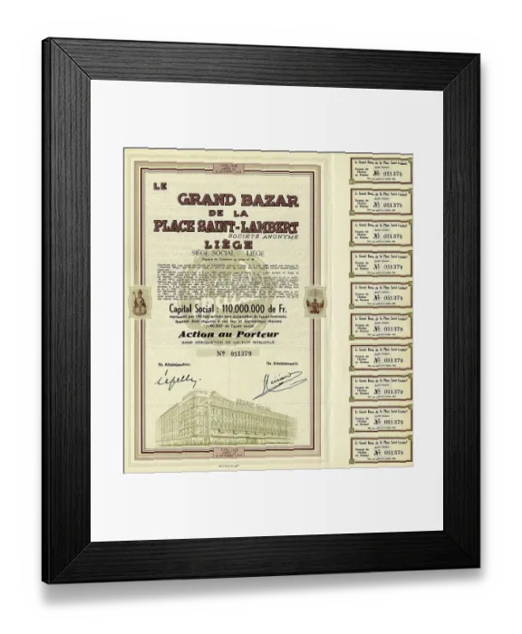 Framed Print : Historical share certificate for shopping centre in Liege