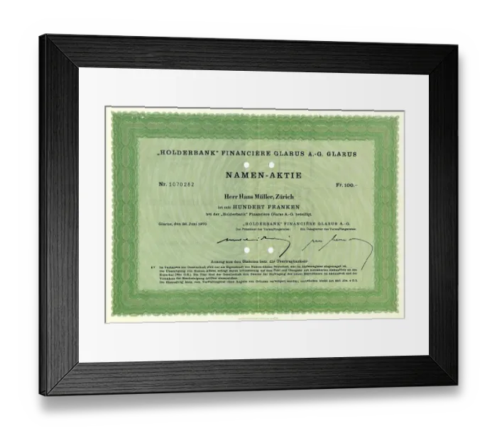 Framed Print : Share certificate, share for 100 Swiss Francs Framed Print : Share certificate, share for 100 Swiss Francs