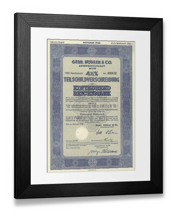 Framed Print : Historical share certificate, Gebr Boehler & Co AG
