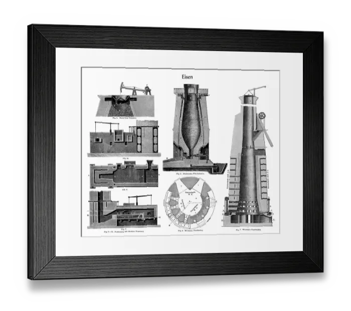 Framed Print : Graphic depiction, technical processing of iron in different blast furnaces Framed Print : Graphic depiction, technical processing of iron in different blast furnaces