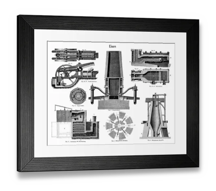 Framed Print : Graphic depiction, technical processing of iron in different blast furnaces