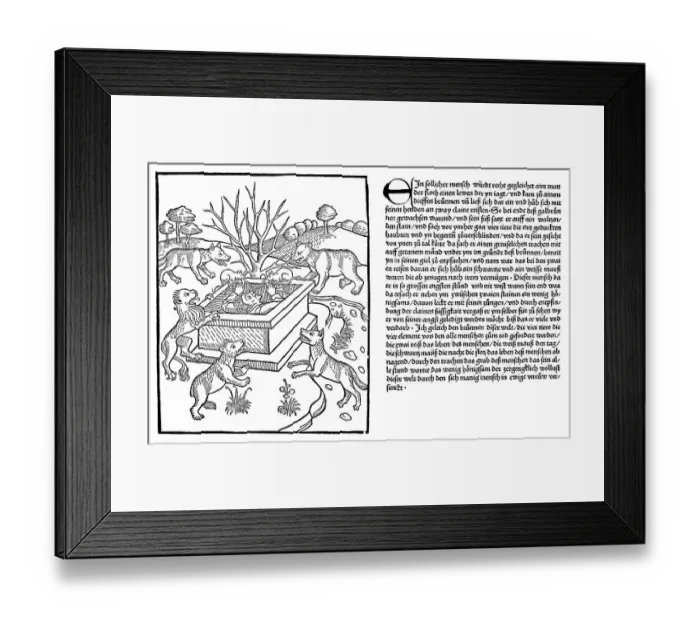 Framed Print : Historic print, woodcut and text page from The Fables of Bidpai in German from 1483 Framed Print : Historic print, woodcut and text page from The Fables of Bidpai in German from 1483