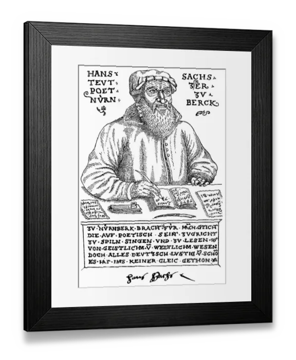 Framed Print : Historic print, woodcut with autograph