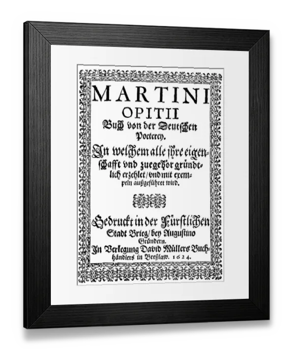 Framed Print : Historic print from 1624, book title by Martin Opitz von Boberfeld