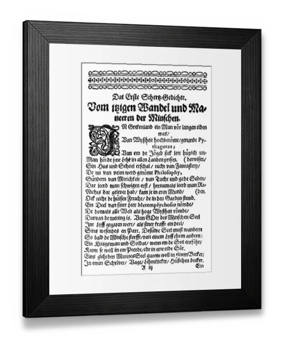 Framed Print : Historic print of 1652, page of the first mourning poem by Johann Lauremberg also known as Johannes Lauremberg Framed Print : Historic print of 1652, page of the first mourning poem by Johann Lauremberg also known as Johannes Lauremberg