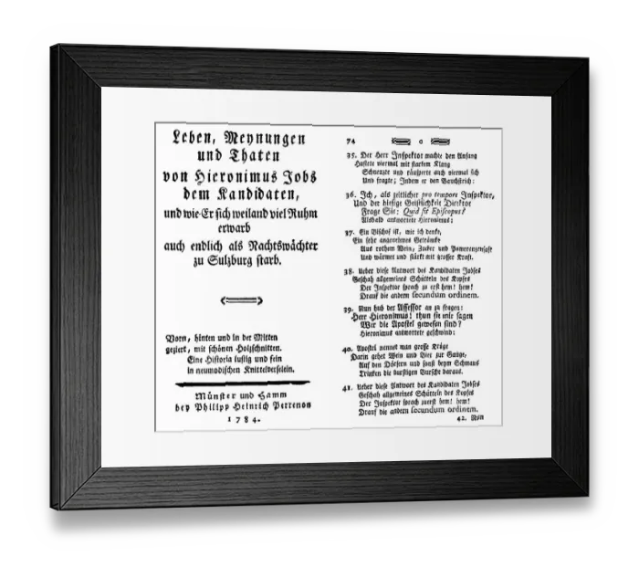 Framed Print : Historical print, 1784, title and page from the first edition of Jobsiade by Carl Arnold Kortum