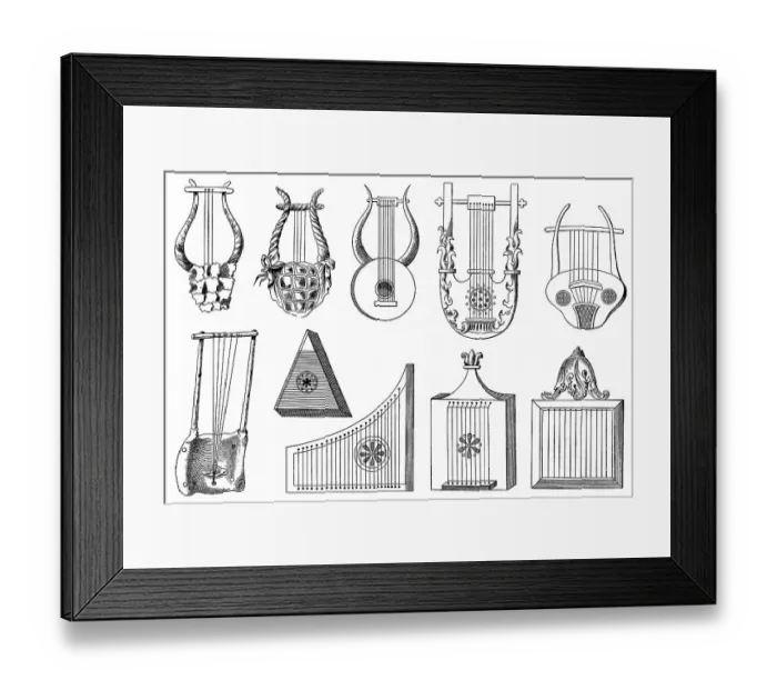 Framed Print : Historical drawing, various forms of the lyre