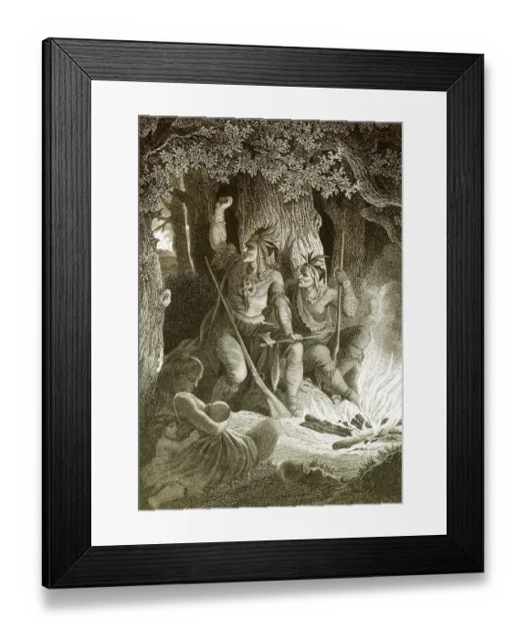 Framed Print : Historic steel engraving, North American Indians sitting around a campfire