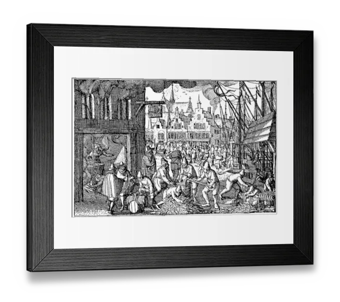 Framed Print : Historic drawing, illustration of salting and packing of herrings in Amsterdam in the 16th century