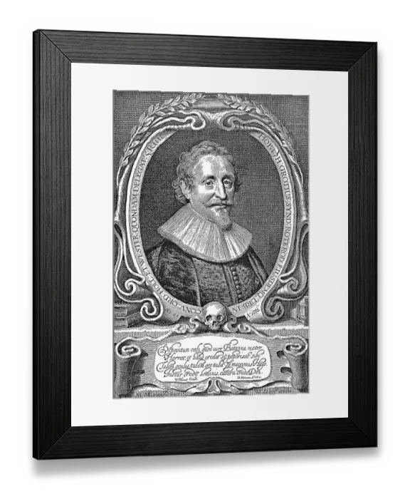 Framed Print : Historic drawing, portrait of Hugo Grotius or Huigh or Hugo de Groot