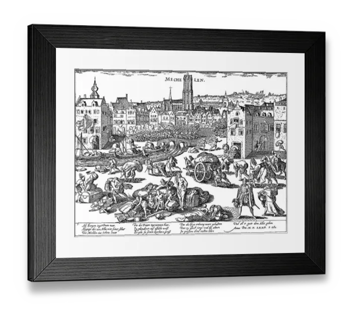 Framed Print : Historic drawing, the looting of Mechelen by the Spaniards on 1st October 1572