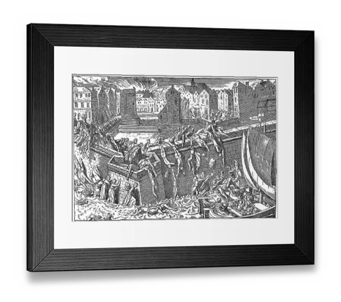 Framed Print : Historic drawing, Antwerp citizens fleeing from the Spaniards Framed Print : Historic drawing, Antwerp citizens fleeing from the Spaniards
