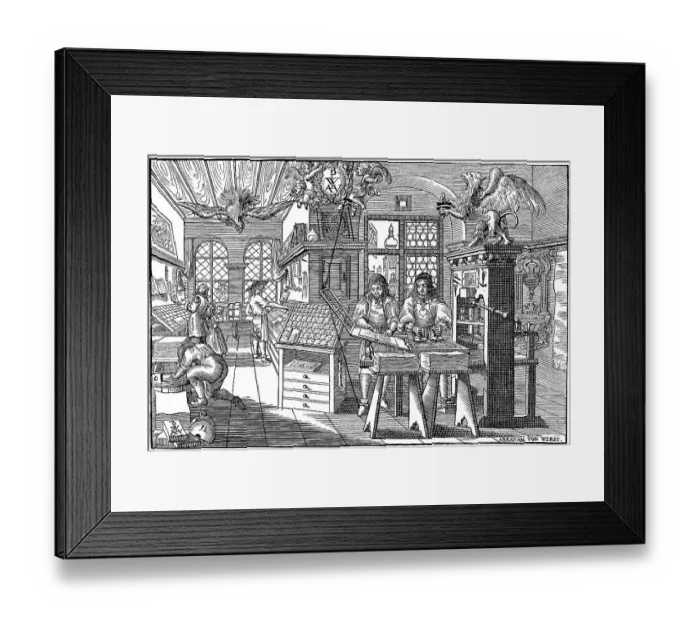 Framed Print : Historic drawing, a Dutch book printing office in the 17th century