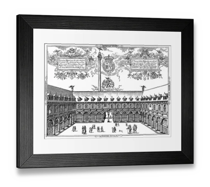 Framed Print : Historical drawing, courtyard of the London stock market in 1569