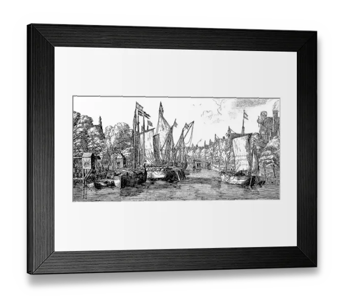 Framed Print : Historic drawing, a Dutch canal with a fishing fleet in the 17th century