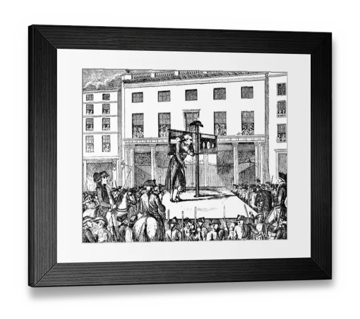 Framed Print : Historic drawing, man standing in the pillory