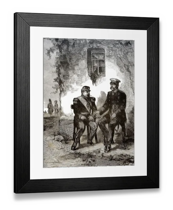 Framed Print : Historical drawing, meeting between Otto von Bismarck and Napoleon III to surrender on 2 September 1870