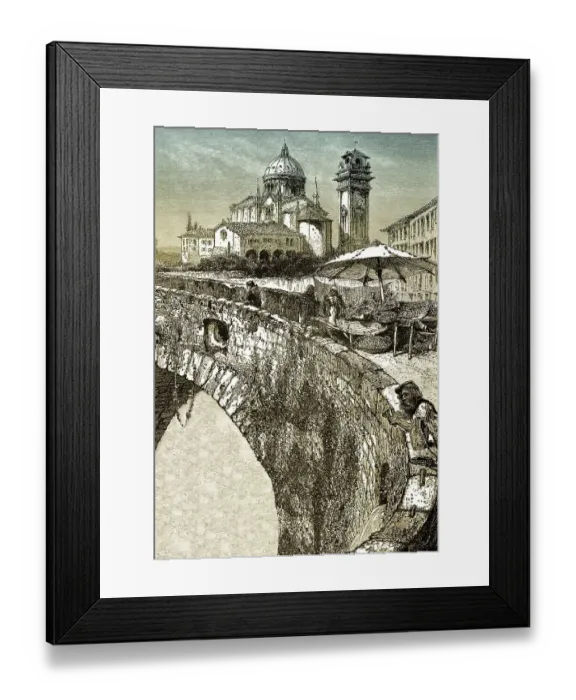 Framed Print : Historic drawing, St. Peter's Bridge or Ponte Pietra over the Adige river with the church of San Giorgio