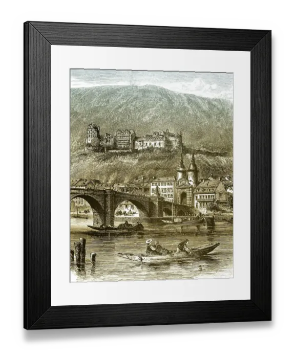Framed Print : Historic drawing, Neckar river with the Karl-Theodor Bridge or Old Bridge and Castle