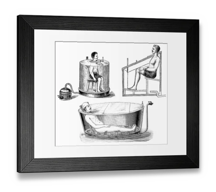 Framed Print : Therapy in a steam box, state of the art of therapeutic techniques Framed Print : Therapy in a steam box, state of the art of therapeutic techniques