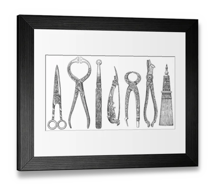 Framed Print : Drawing from 1882, various tools of the German Renaissance Framed Print : Drawing from 1882, various tools of the German Renaissance