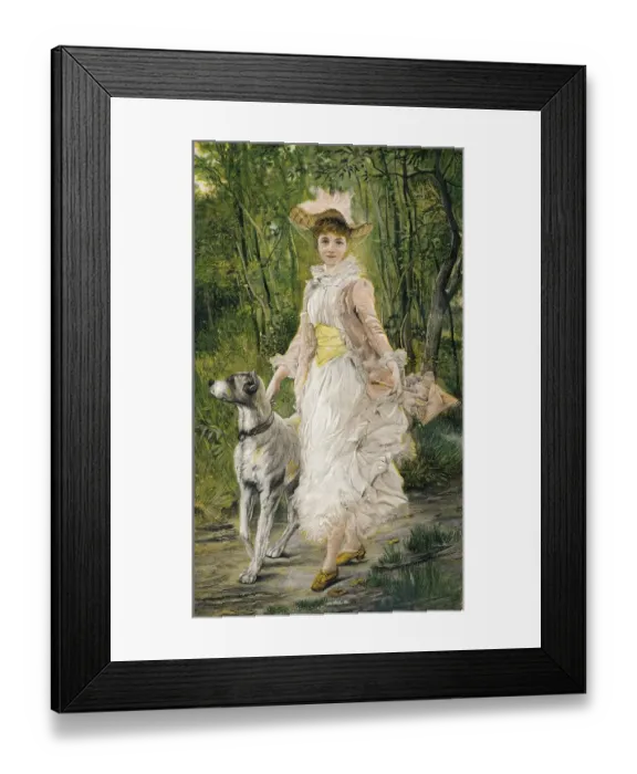 Framed Print : A young woman and her dog, coloured woodcut Framed Print : A young woman and her dog, coloured woodcut