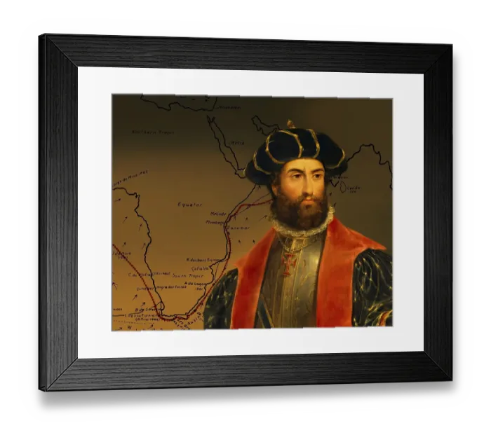 Framed Print : Map of the first voyage and portrait of Vasco da Gama Framed Print : Map of the first voyage and portrait of Vasco da Gama