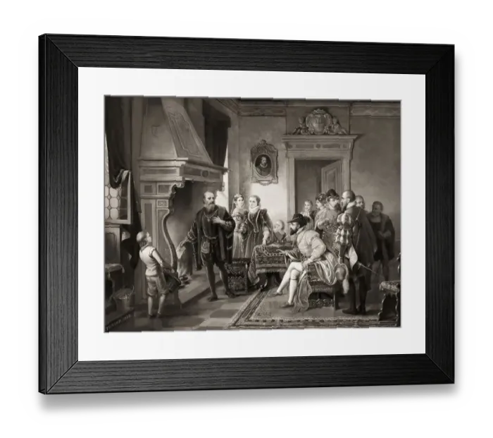 Framed Print : Jakob Fugger burning the debenture bonds of Emperor Charles V at the Fuggers House