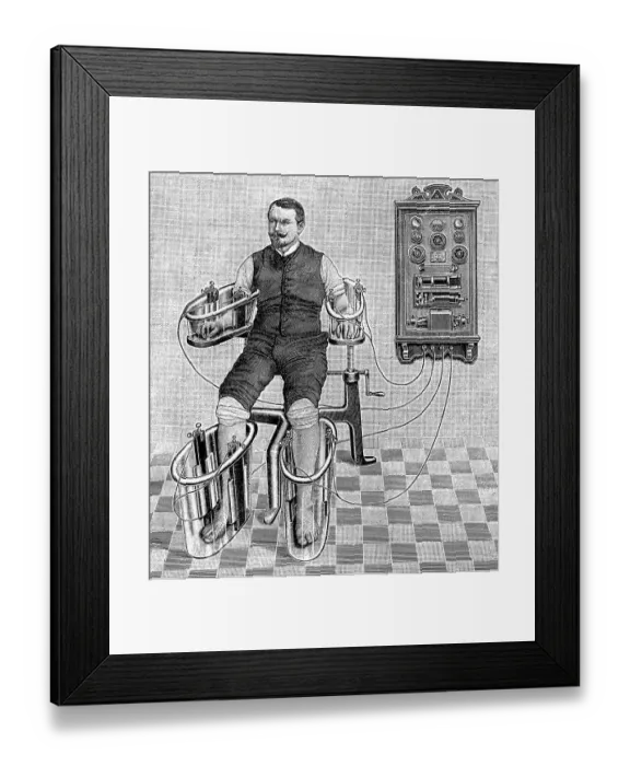 Framed Print : An illustration of a patient being treated with a four cell Schnee Bath Framed Print : An illustration of a patient being treated with a four cell Schnee Bath