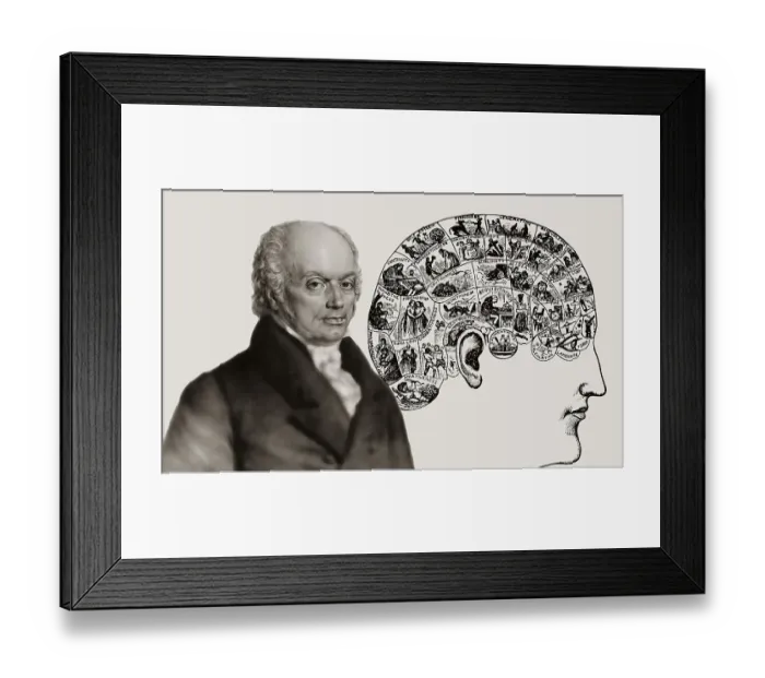 Framed Print : Franz Joseph Gall, 1758-1828, German neuroanatomist and physiologist with a Phrenological Chart