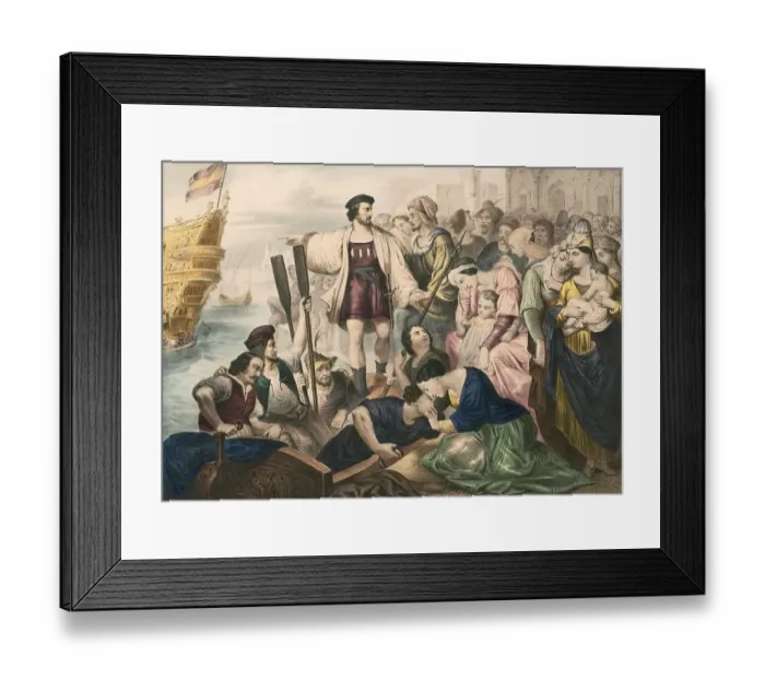 Framed Print : Christopher Columbus and his crew leaving the port of Palos Framed Print : Christopher Columbus and his crew leaving the port of Palos