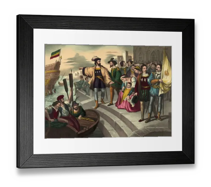 Framed Print : Christopher Columbus and his crew leaving the port of Palos Framed Print : Christopher Columbus and his crew leaving the port of Palos