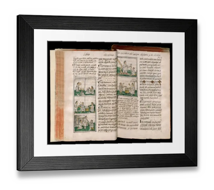Framed Print : Facsimile, pages from Historia general de las cosas de nueva España