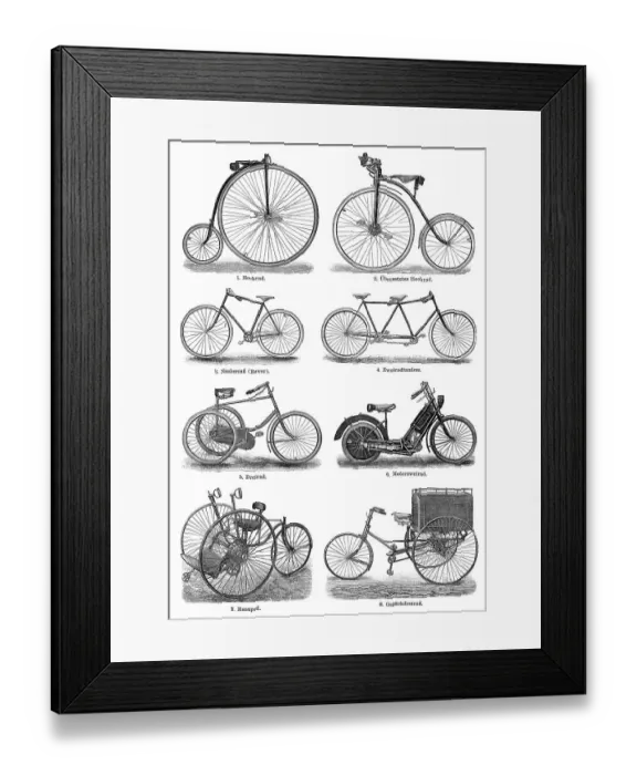 Framed Print : Historical bicycles, 19th century Framed Print : Historical bicycles, 19th century