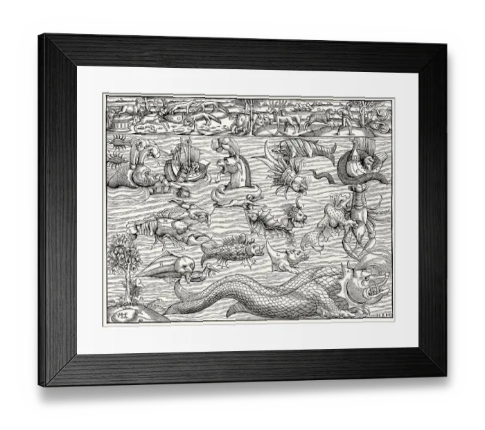 Framed Print : Land and sea monsters, based on Sebastian Munster's Comograhia uiversalis from 1550