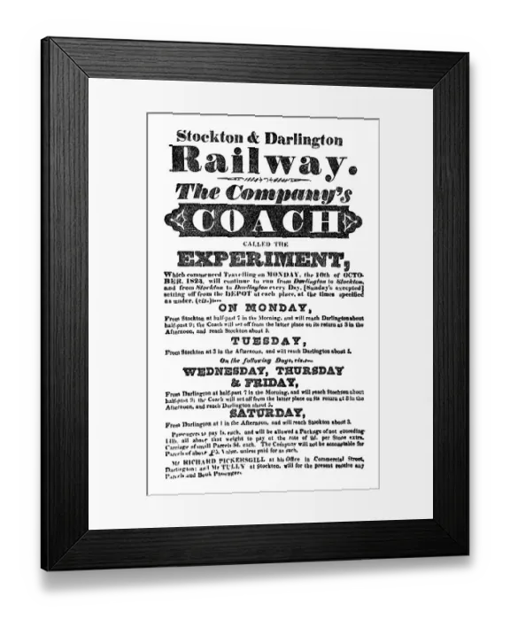 Framed Print : Advertising billboard, the first train on the Stockton and Darlington Railway on 27 September 1825 Framed Print : Advertising billboard, the first train on the Stockton and Darlington Railway on 27 September 1825