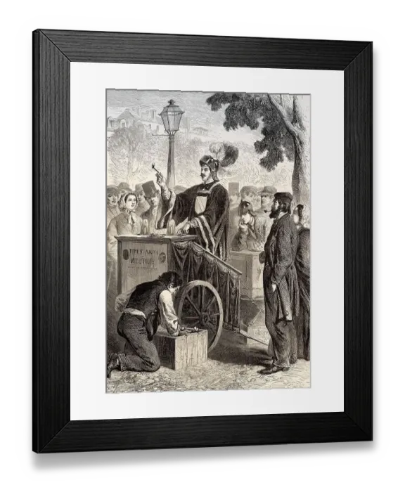 Framed Print : Anti-nicotine pipe merchant, demonstration by Claude Cotte