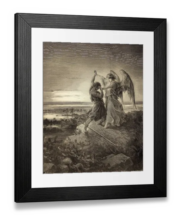 Framed Print : Jacob Wrestles with the Angel, woodcut by Gustave Dore